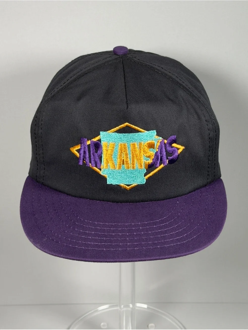 Vintage 90s Arkansas State Snapback Hat Cap Made in USA Black Purple Union Made
